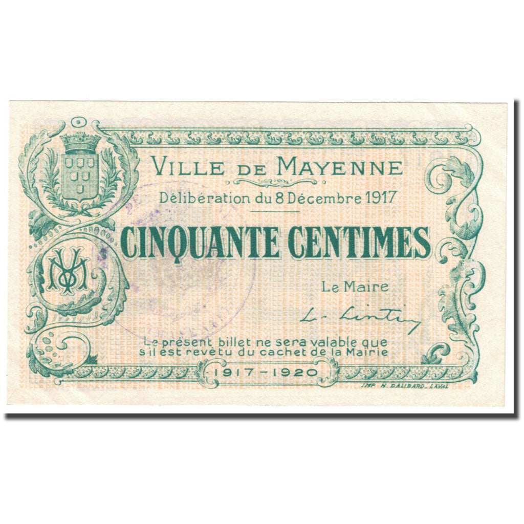 France, Mayenne, 50 Centimes, 1917, Bon Municipal., UNC(65-70), Pirot:53-23