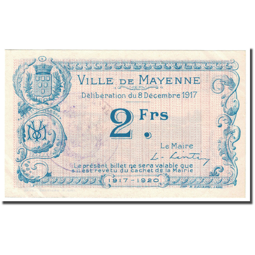 Francia, Mayenne, 2 Francs, 1917, Bon Municipal., UNC, Pirot:53-23