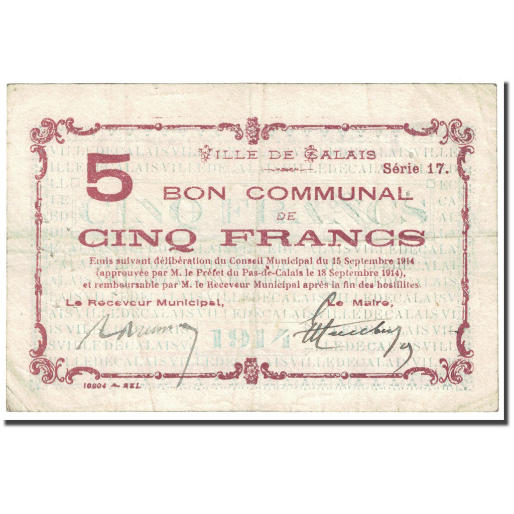 France, Calais, 5 Francs, 1914, Bon Communal, EF(40-45), Pirot:62-231
