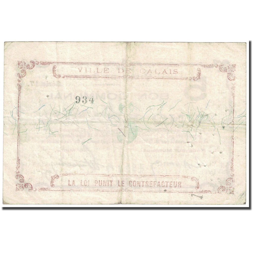 France, Calais, 5 Francs, 1914, Bon Communal, EF(40-45), Pirot:62-231
