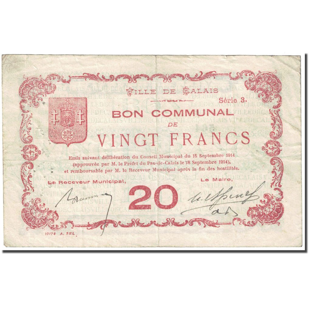 Francia, Calais, 20 Francs, 1914, Bon Communal, MBC, Pirot:62-233
