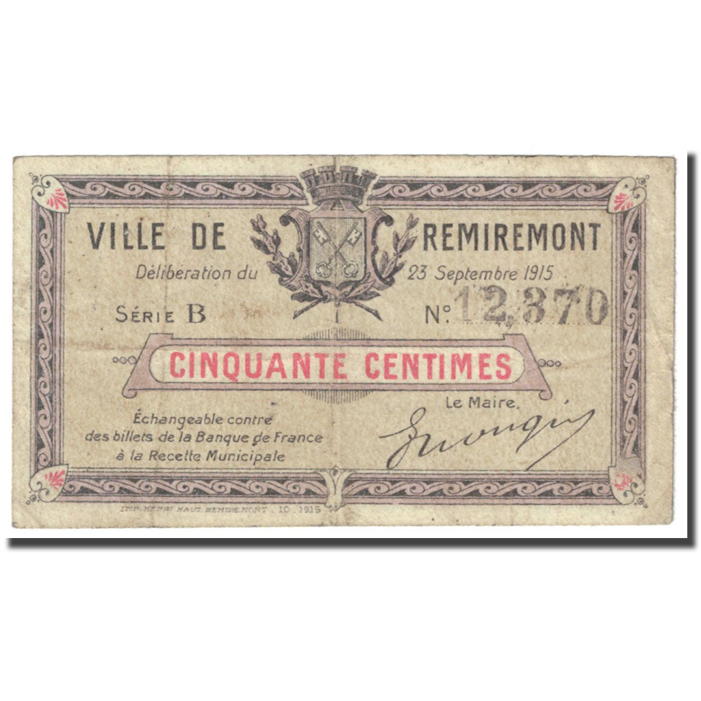 Frankrijk, Remiremont, 50 Centimes, 1915, Bon Municipal., TTB, Pirot:88-62