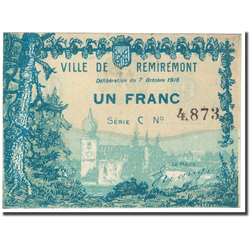 França, Remiremont, 1 Franc, 1916, Bon Municipal., UNC(65-70), Pirot:88-68