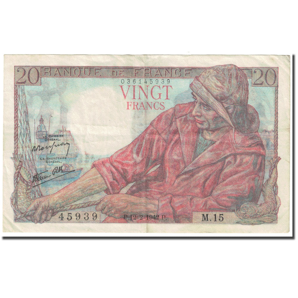 France, 20 Francs, Pêcheur, 1942, 1942-02-12, EF(40-45), Fayette:13.1, KM:100a
