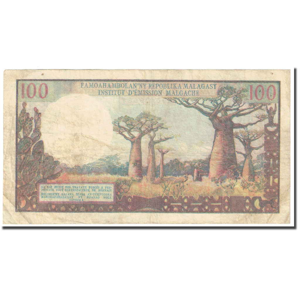 Banknote, Madagascar, 100 Francs =  20 Ariary, 1966, Undated (1966), KM:57a