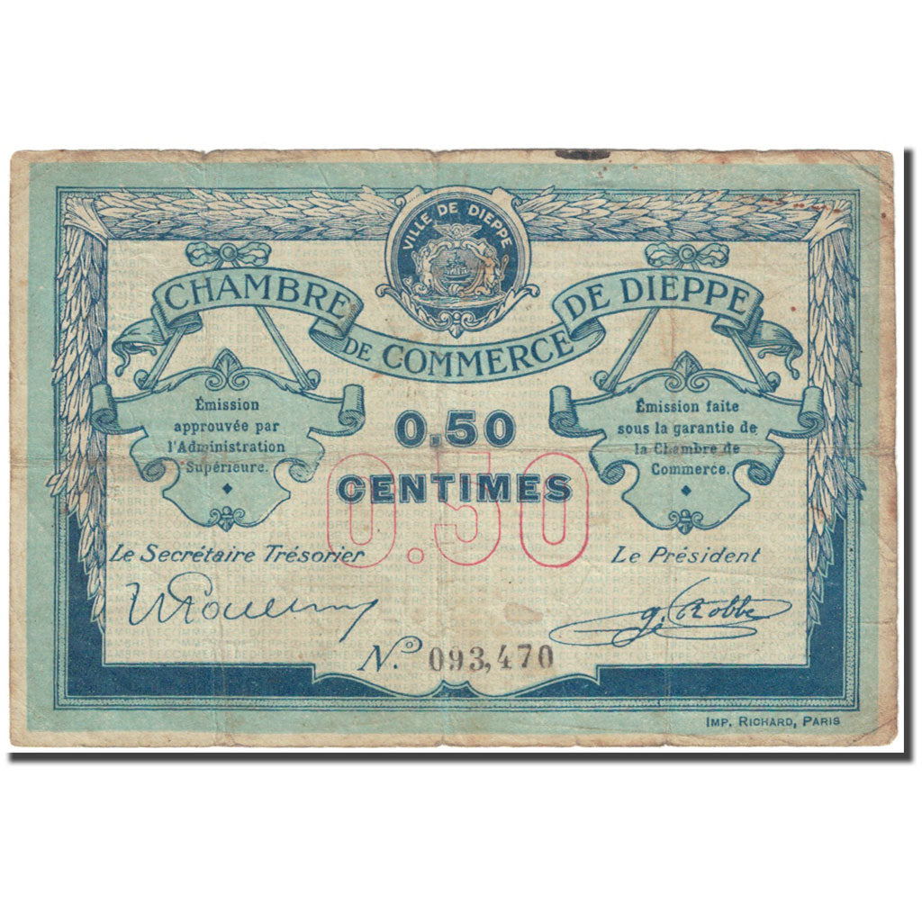 France, Dieppe, 50 Centimes, Chambre de Commerce, VG(8-10), Pirot:52-1