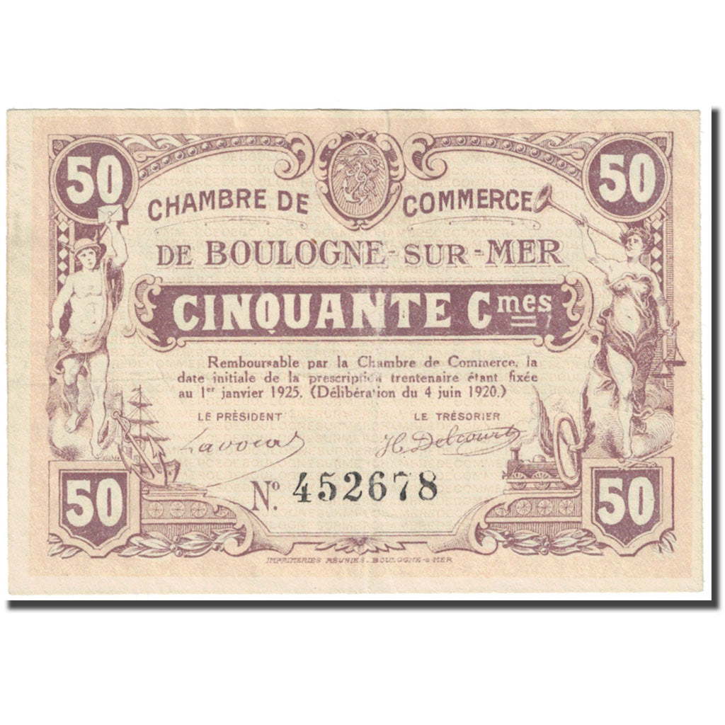 France, Boulogne-sur-Mer, 50 Centimes, 1920, Chambre de Commerce, EF(40-45)