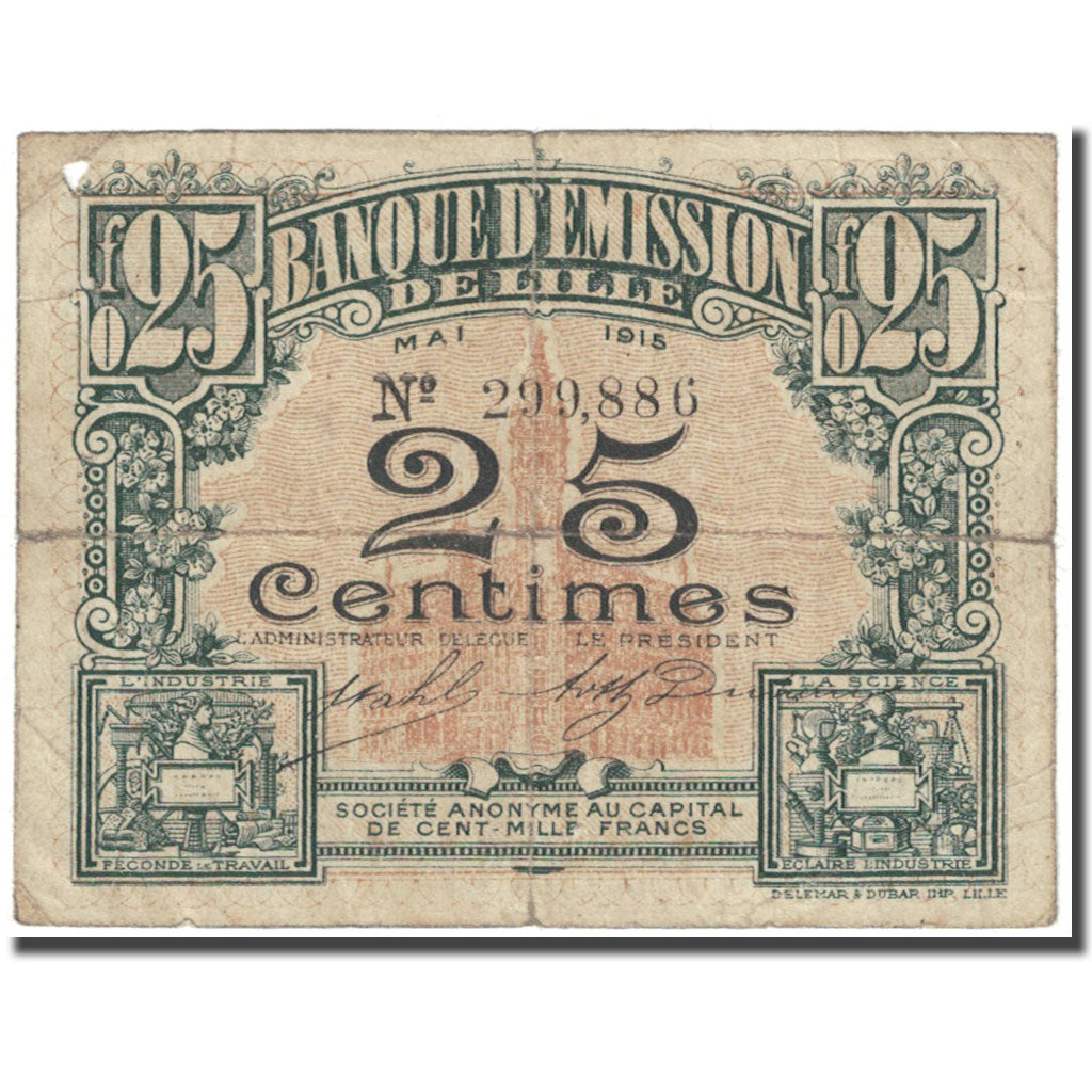 Frankrijk, Lille, 25 Centimes, 1915, Banque D'émission, AB, Pirot:59-1596