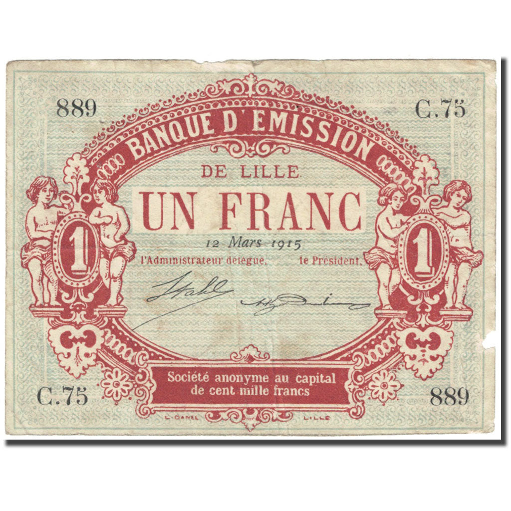 France, Lille, 1 Franc, 1915, Banque D'émission, AB, Pirot:59-1595