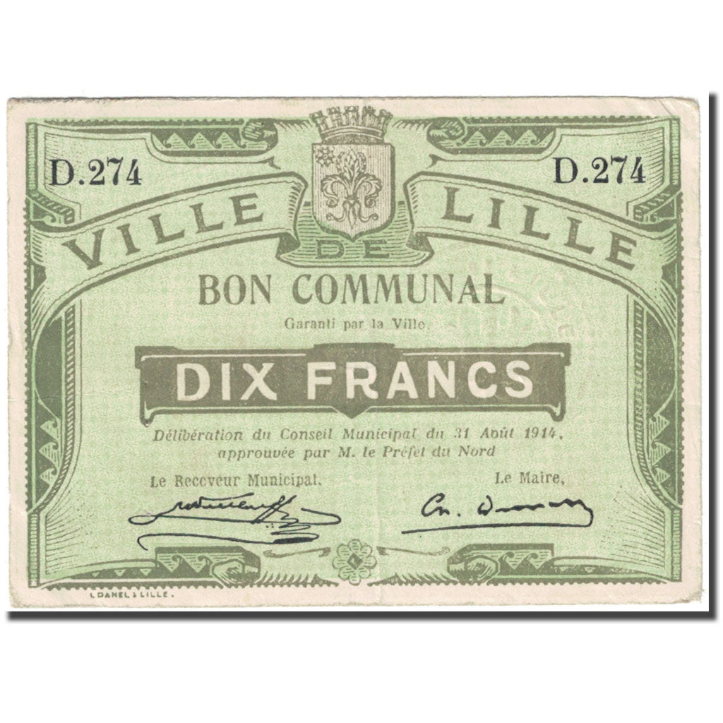 Francia, Lille, 10 Francs, 1914, Bon Communal, MBC, Pirot:59-1604