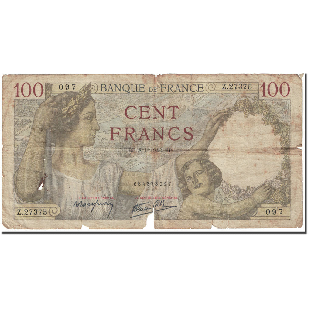 Francia, 100 Francs, 1942, 1942-01-08, B, KM:94
