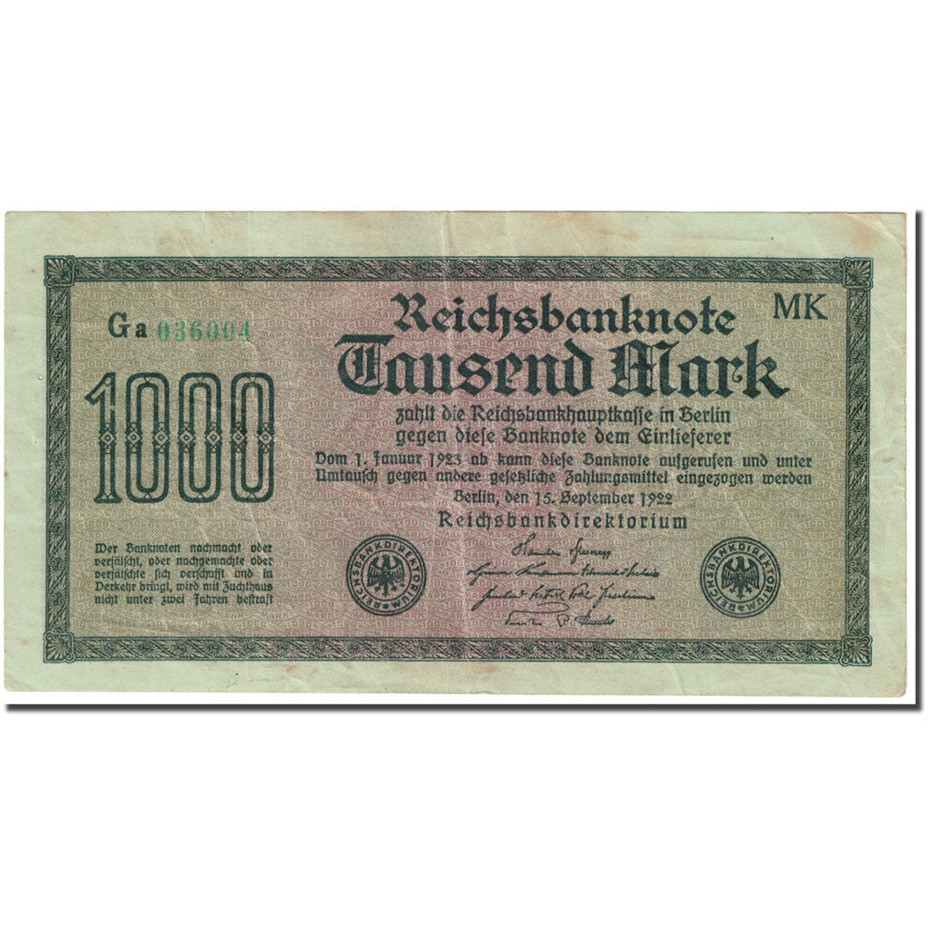Biljet, Duitsland, 1000 Mark, 1922, 1922-12-15, KM:76h, TB