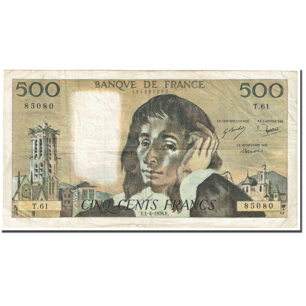 France, 500 Francs, Pascal, 1976, 1976-04-01, VF(20-25), Fayette:71.14, KM:156d