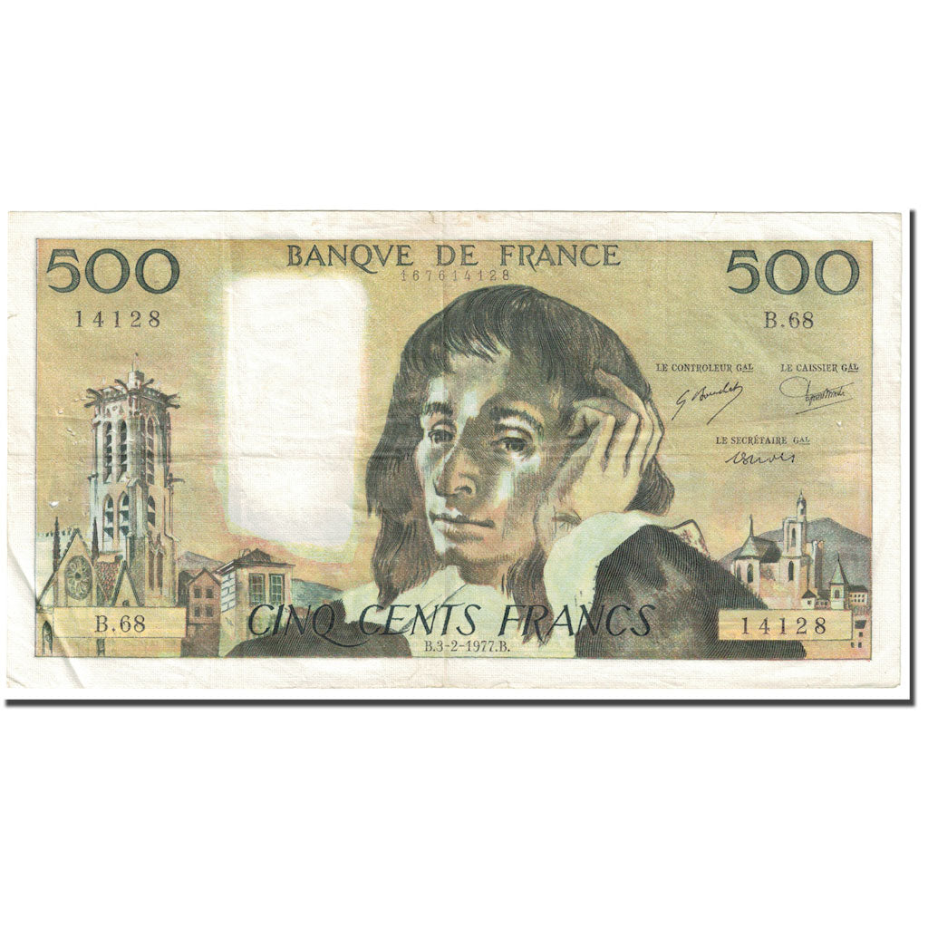 France, 500 Francs, Pascal, 1977, 1977-02-03, VF(20-25), Fayette:71.16, KM:156d