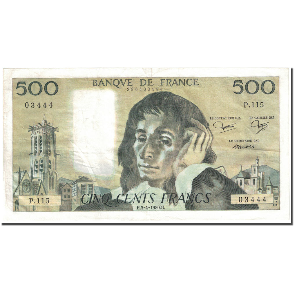 França, 500 Francs, Pascal, 1980, 1980-04-03, VF(20-25), Fayette:71.21, KM:156e