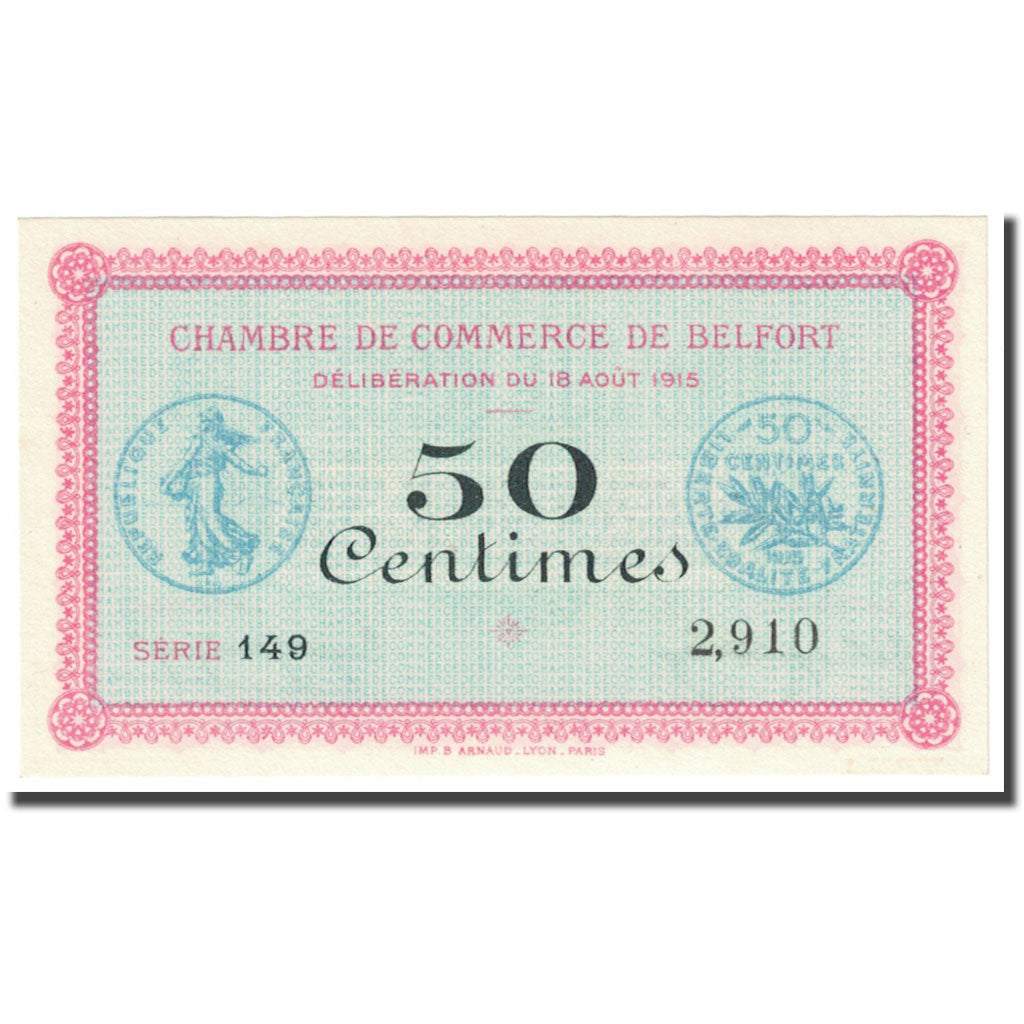 France, Belfort, 50 Centimes, 1915, Chambre de Commerce, UNC(63), Pirot:23-1