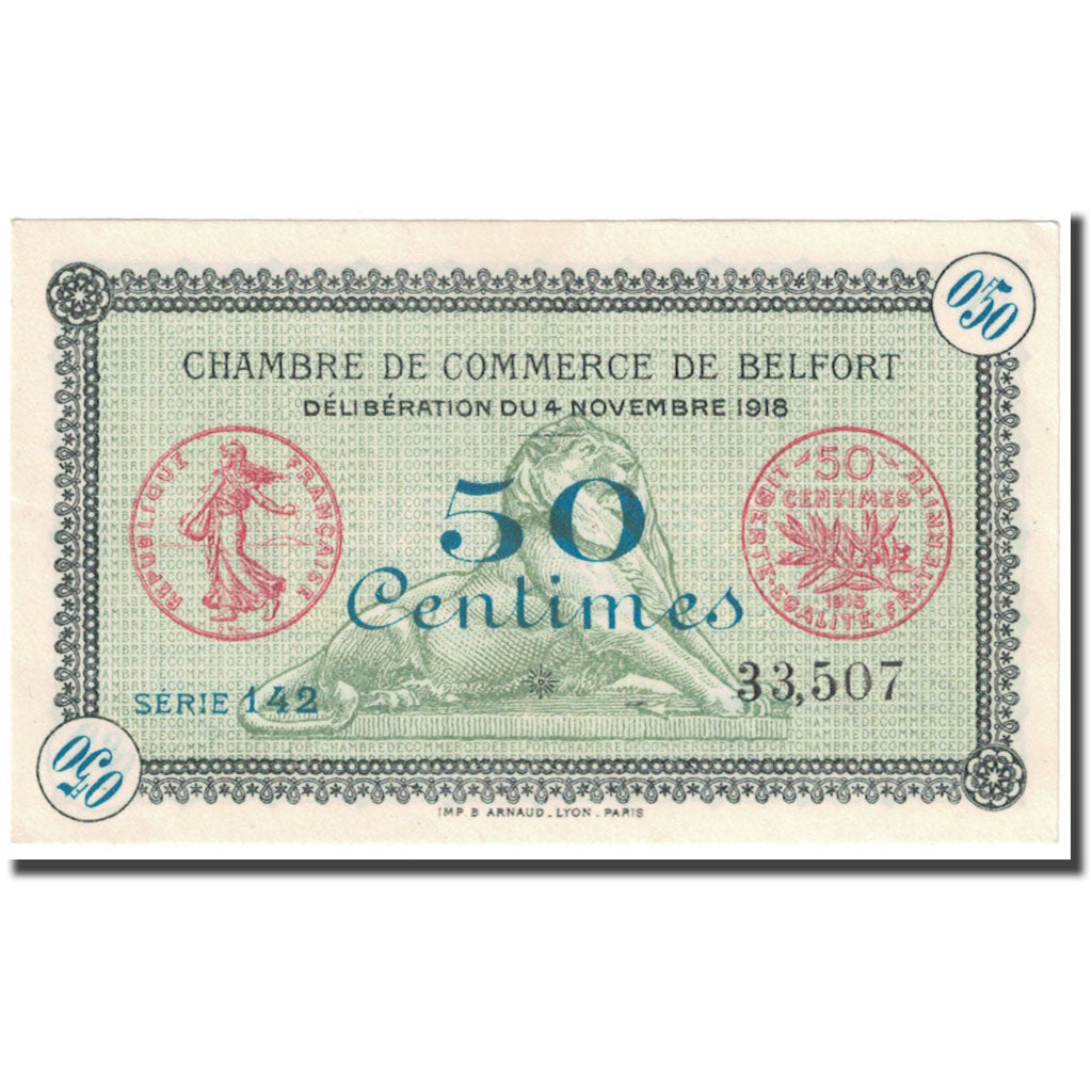 France, Belfort, 50 Centimes, 1918, Chambre de Commerce, UNC(65-70), Pirot:23-34