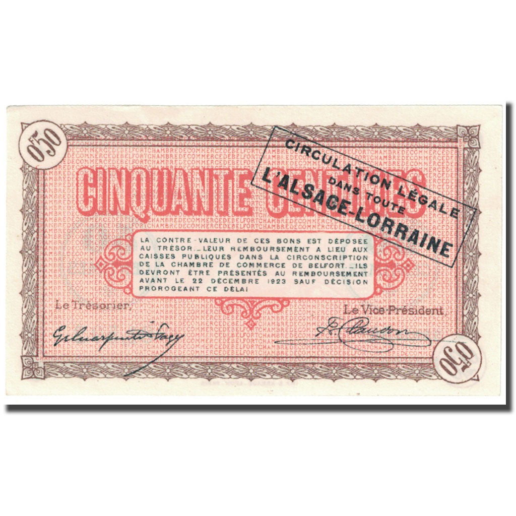 France, Belfort, 50 Centimes, 1918, Chambre de Commerce, UNC(65-70), Pirot:23-48