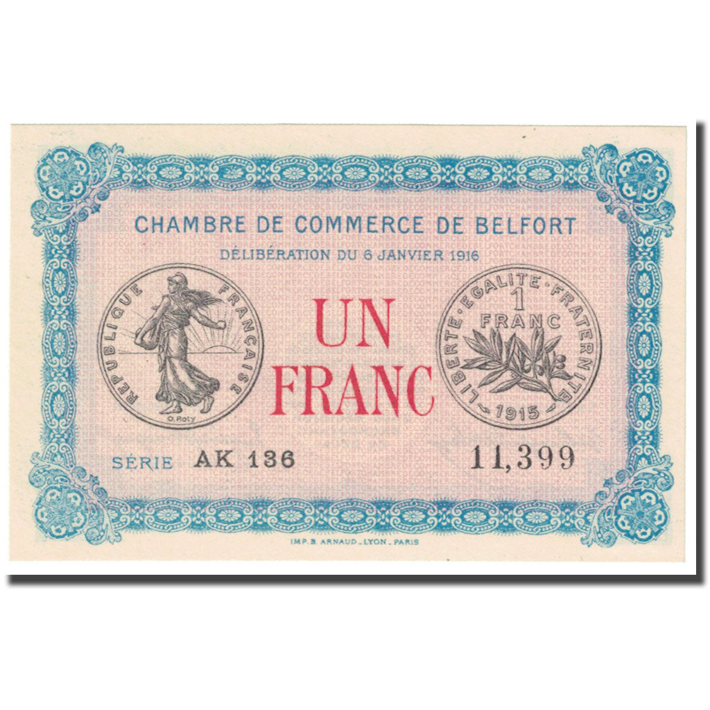 France, Belfort, 1 Franc, 1916, Chambre de Commerce, SPL, Pirot:23-24