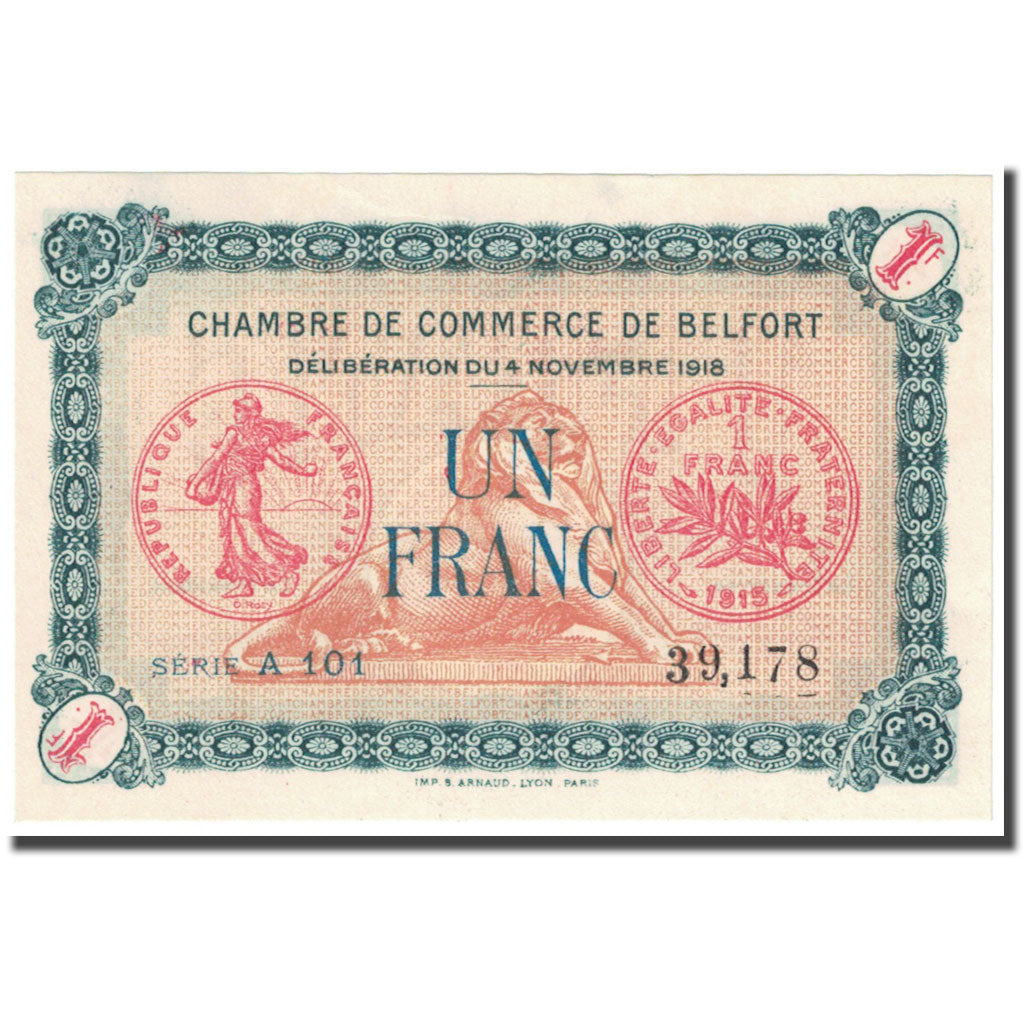 France, Belfort, 1 Franc, 1918, Chambre de Commerce, UNC(63), Pirot:23-37
