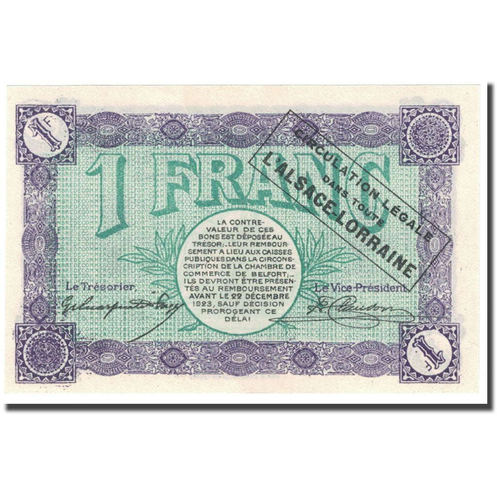 France, Belfort, 1 Franc, 1918, Chambre de Commerce, NEUF, Pirot:23-50
