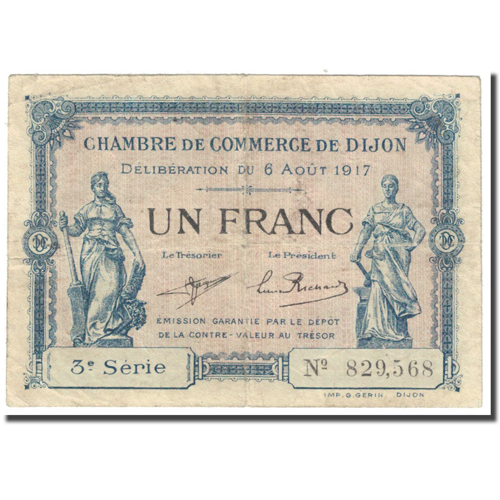 France, Dijon, 1 Franc, 1917, Chambre de Commerce, VF(20-25), Pirot:53-14