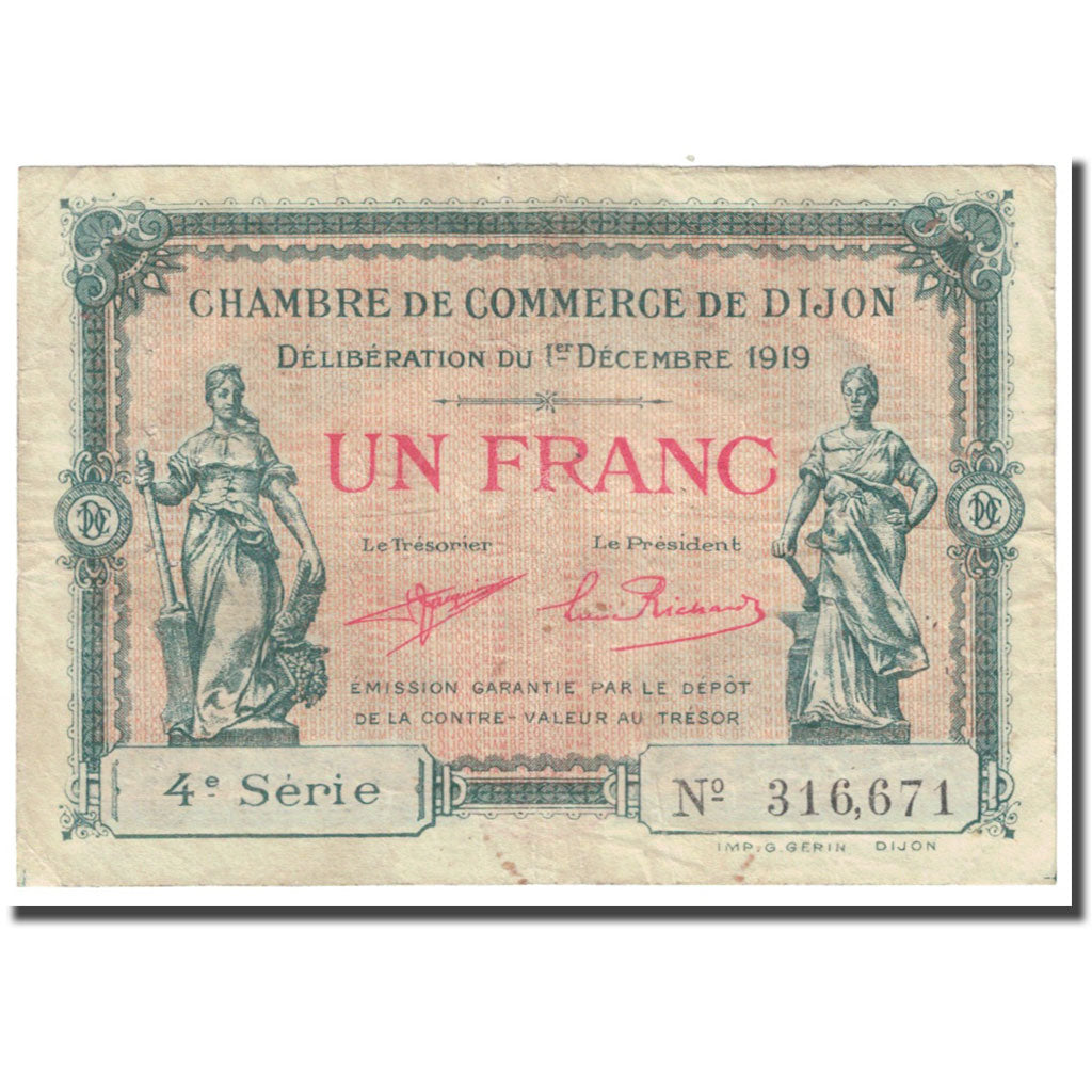 France, Dijon, 1 Franc, 1919, Chambre de Commerce, VF(20-25), Pirot:53-20