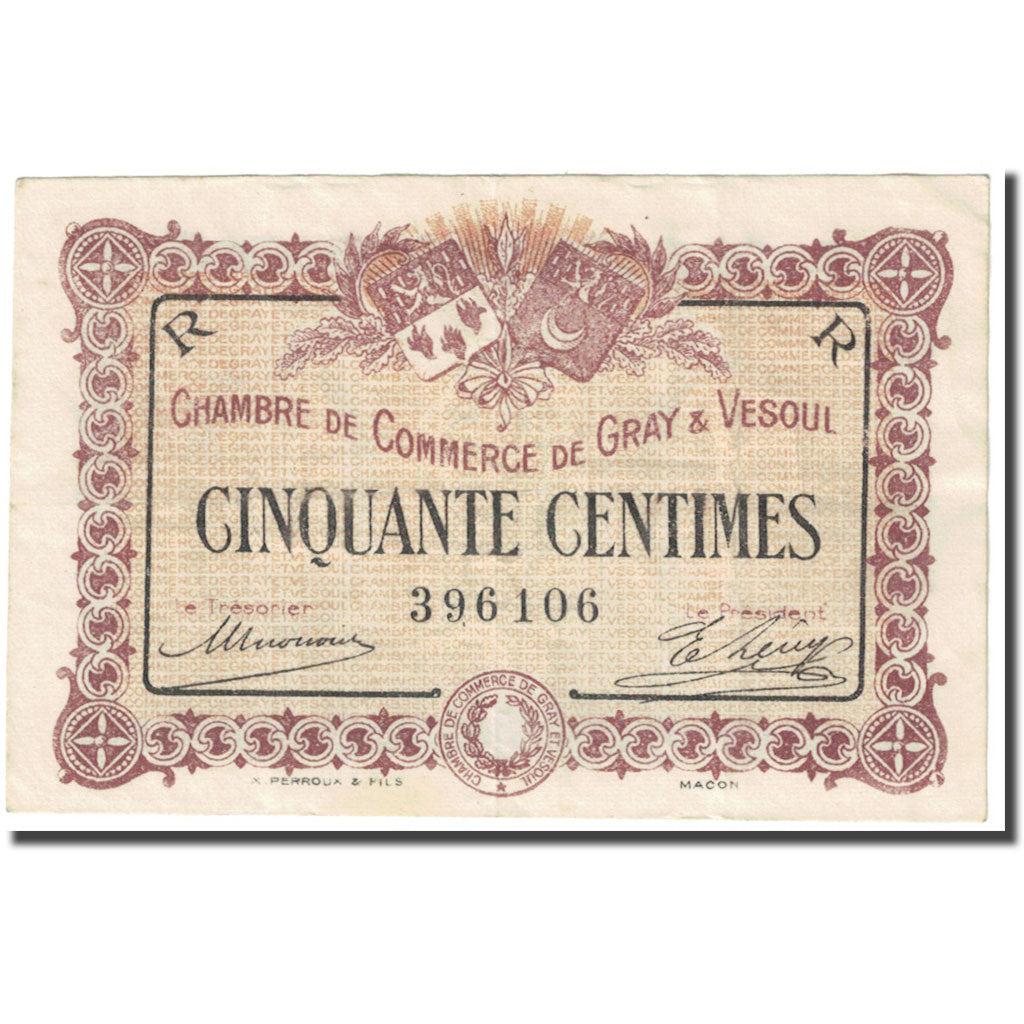 Francia, Gray & Vesoul, 50 Centimes, 1915, Chambre de Commerce, BB, Pirot:62-7