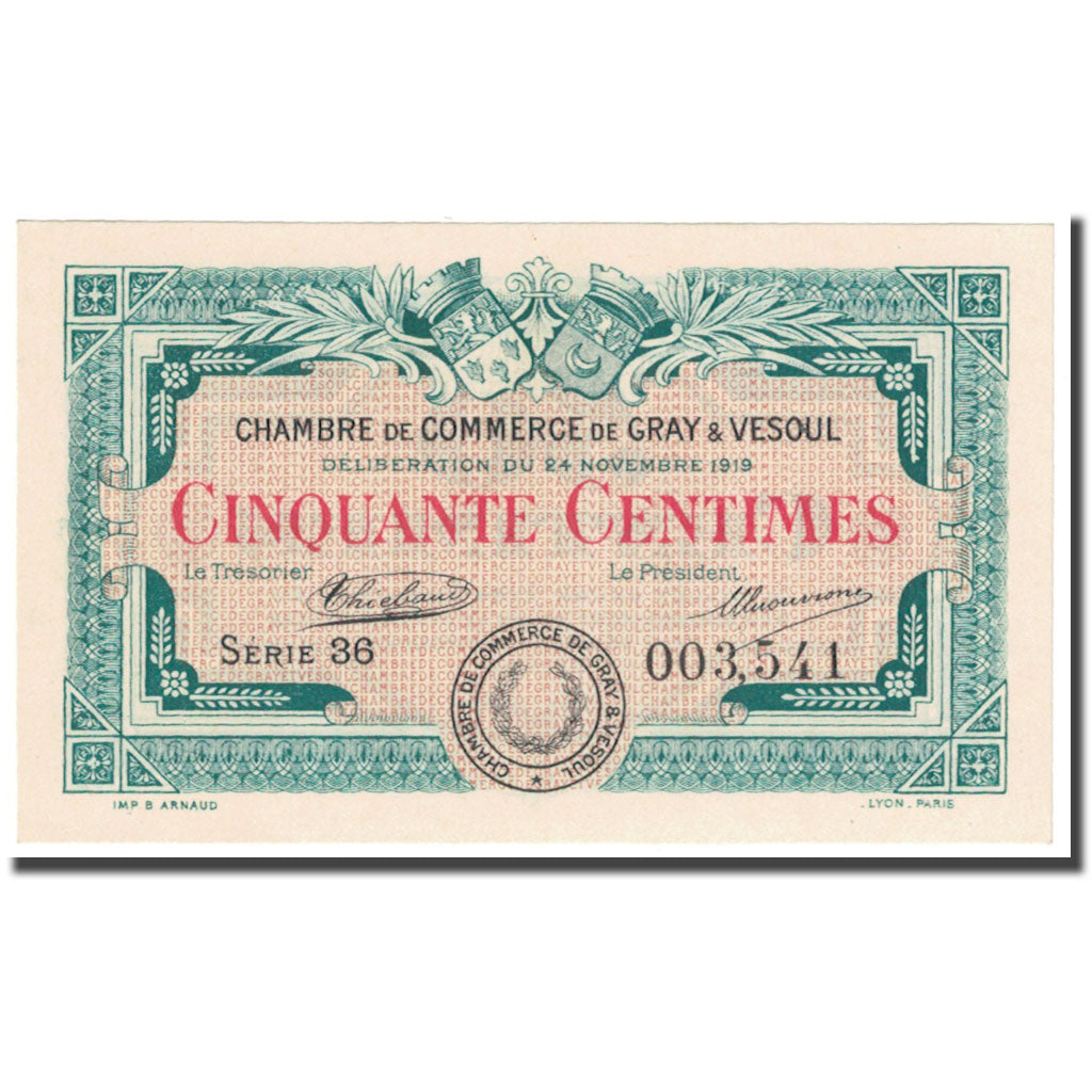 France, Gray & Vesoul, 50 Centimes, 1919, Chambre de Commerce, NEUF, Pirot:62-11