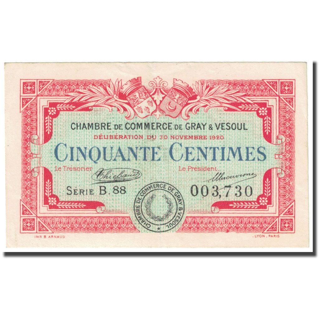 France, Gray & Vesoul, 50 Centimes, 1920, Chambre de Commerce, EF(40-45)