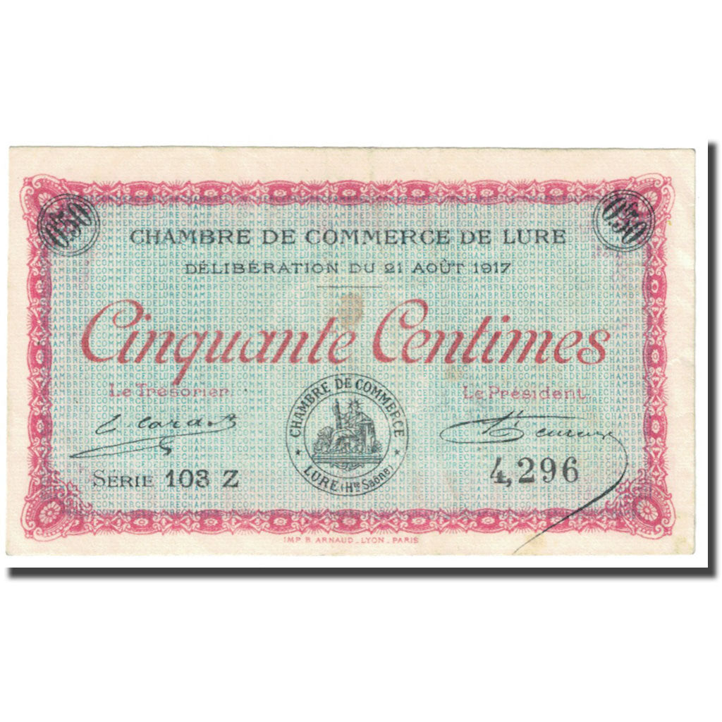 France, Lure, 50 Centimes, 1917, Chambre de Commerce, VF(20-25), Pirot:76-18