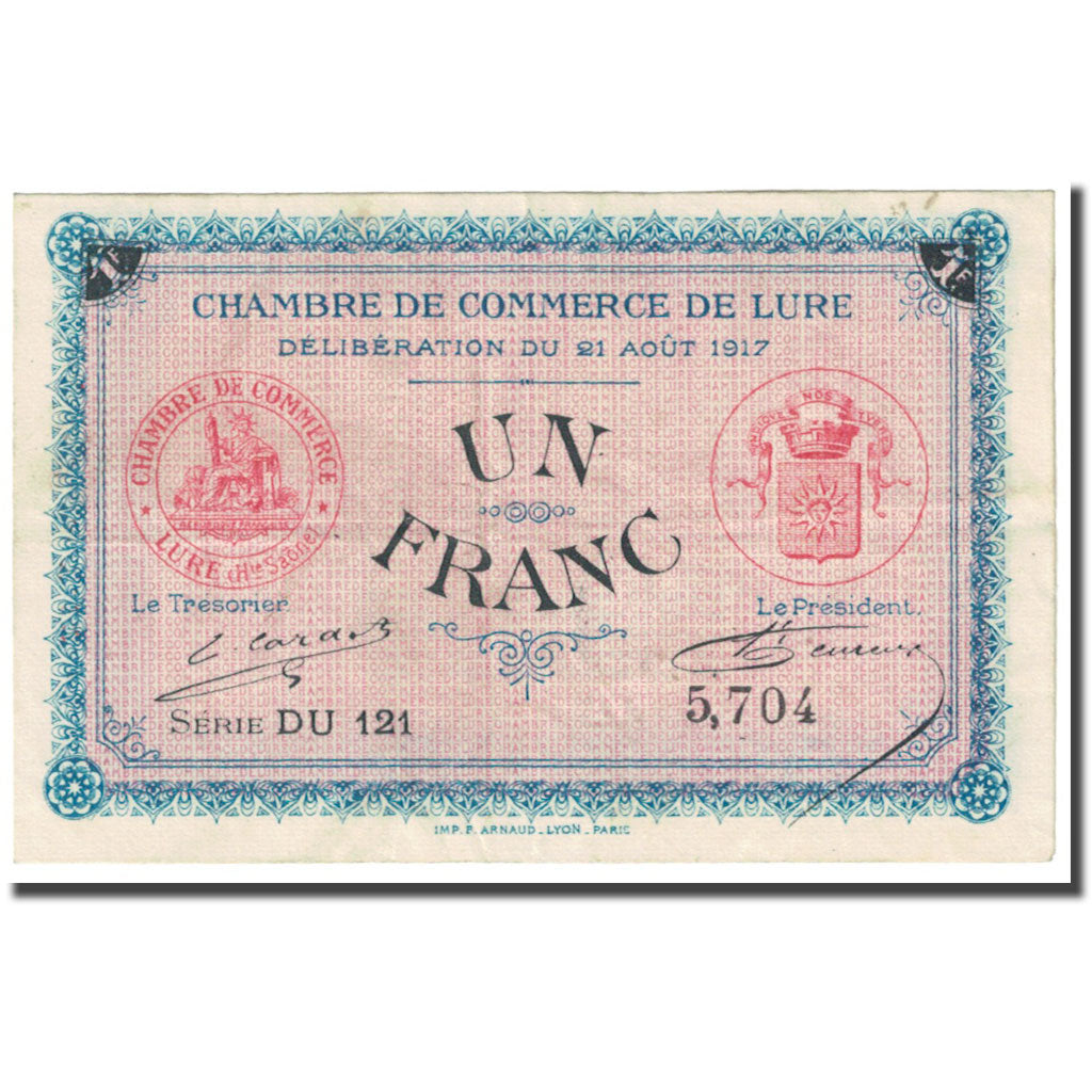 France, Lure, 1 Franc, 1917, Chambre de Commerce, EF(40-45), Pirot:76-20