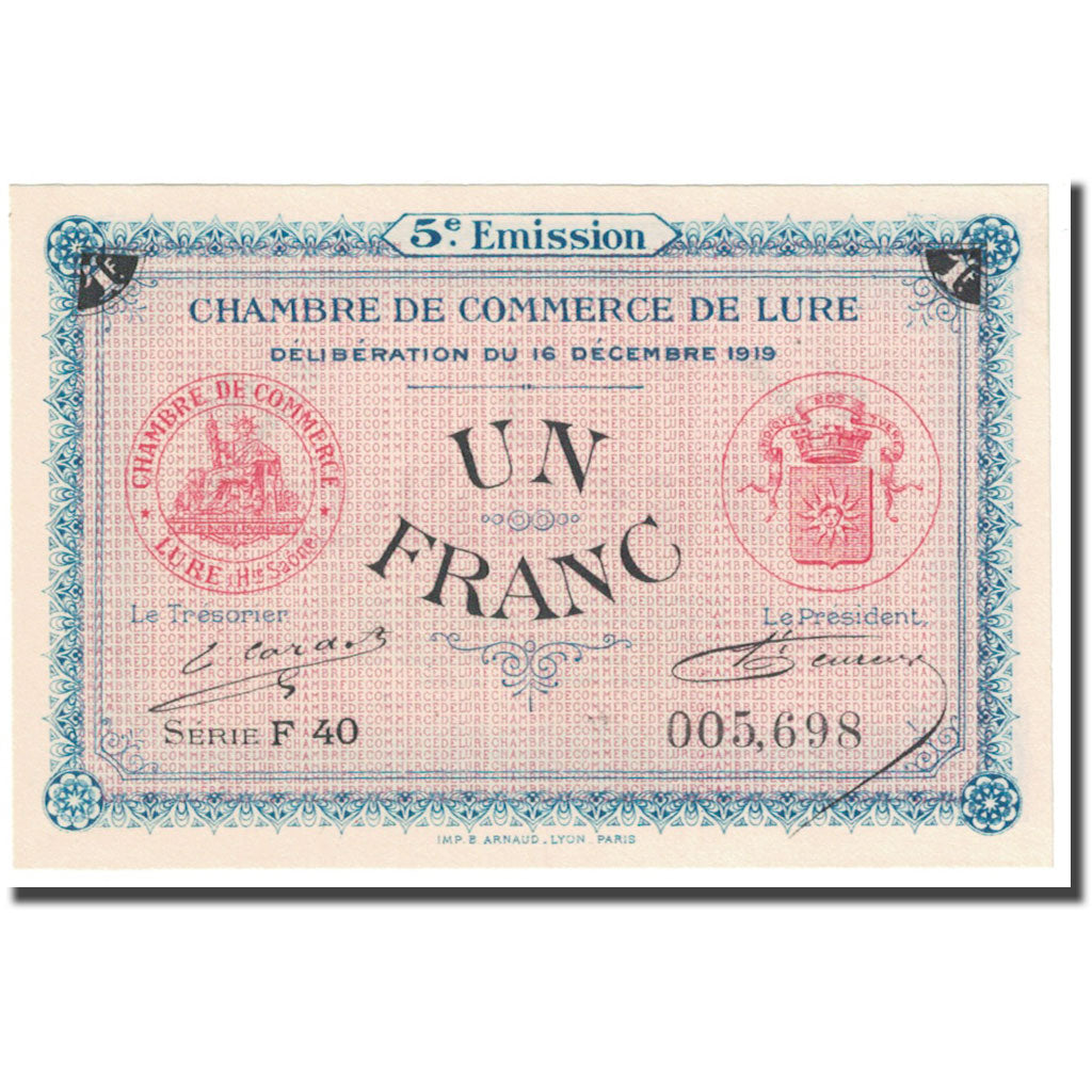 Francia, Lure, 1 Franc, 1919, Chambre de Commerce, FDS, Pirot:76-34