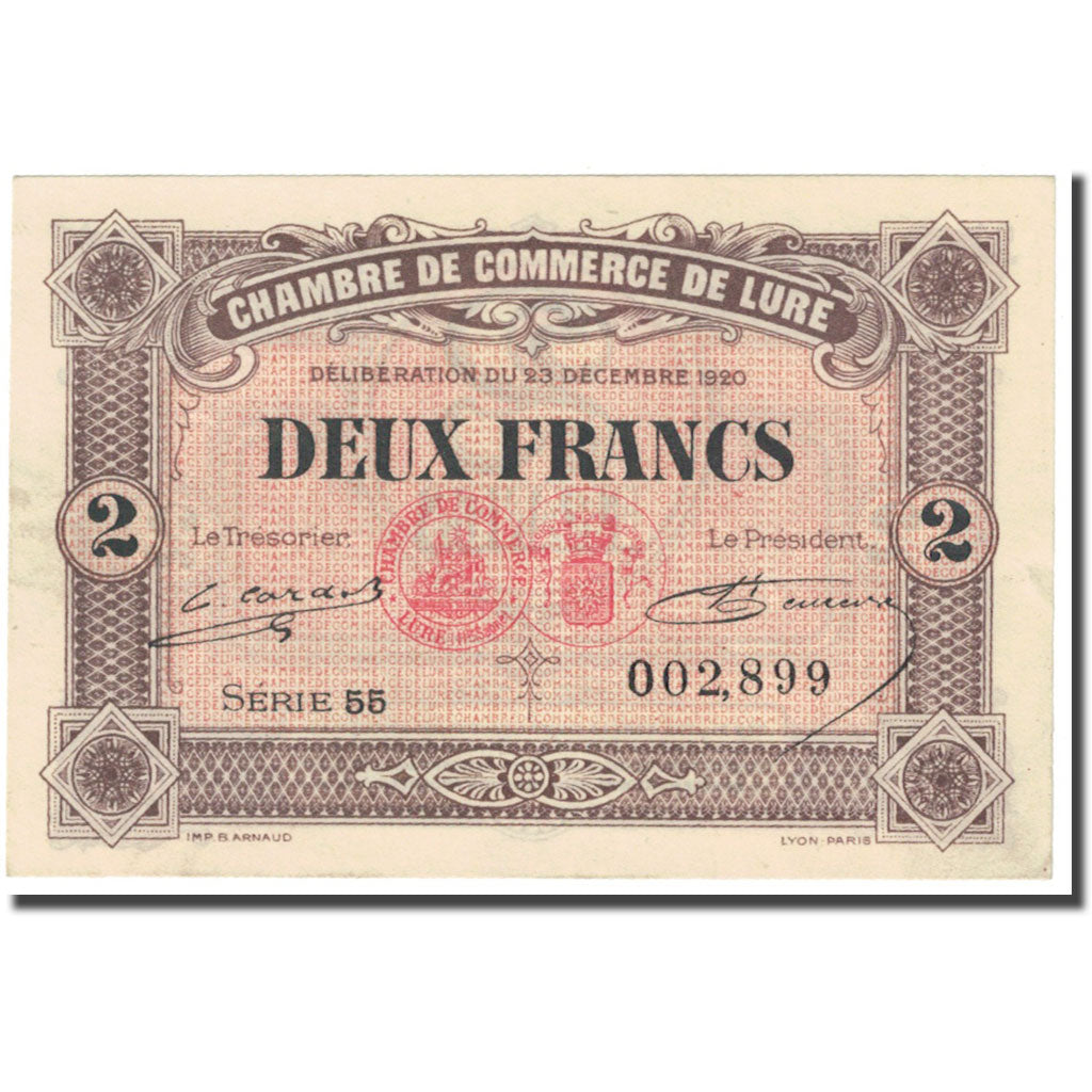 France, Lure, 2 Francs, 1920, Chambre de Commerce, AU(55-58), Pirot:76-39