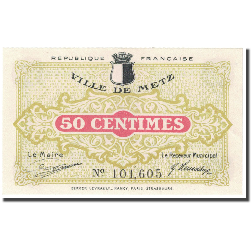 France, Metz, 50 Centimes, 1918, Bon Municipal., UNC(65-70), Pirot:131-1