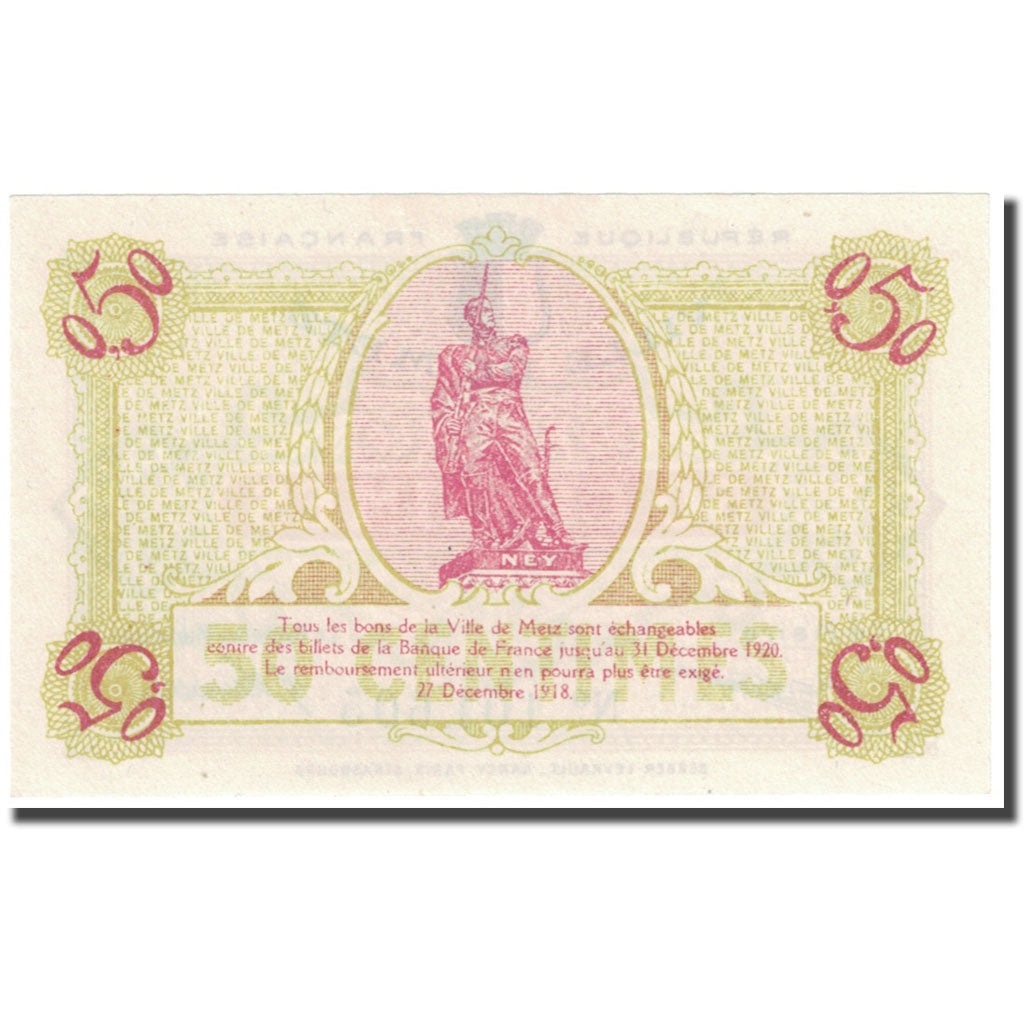 France, Metz, 50 Centimes, 1918, Bon Municipal., UNC(65-70), Pirot:131-1