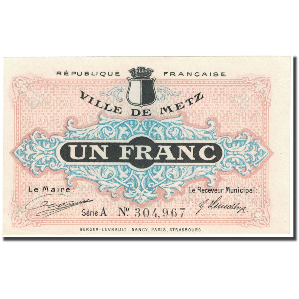 France, Metz, 1 Franc, 1918, Bon Municipal., UNC(65-70), Pirot:131-4