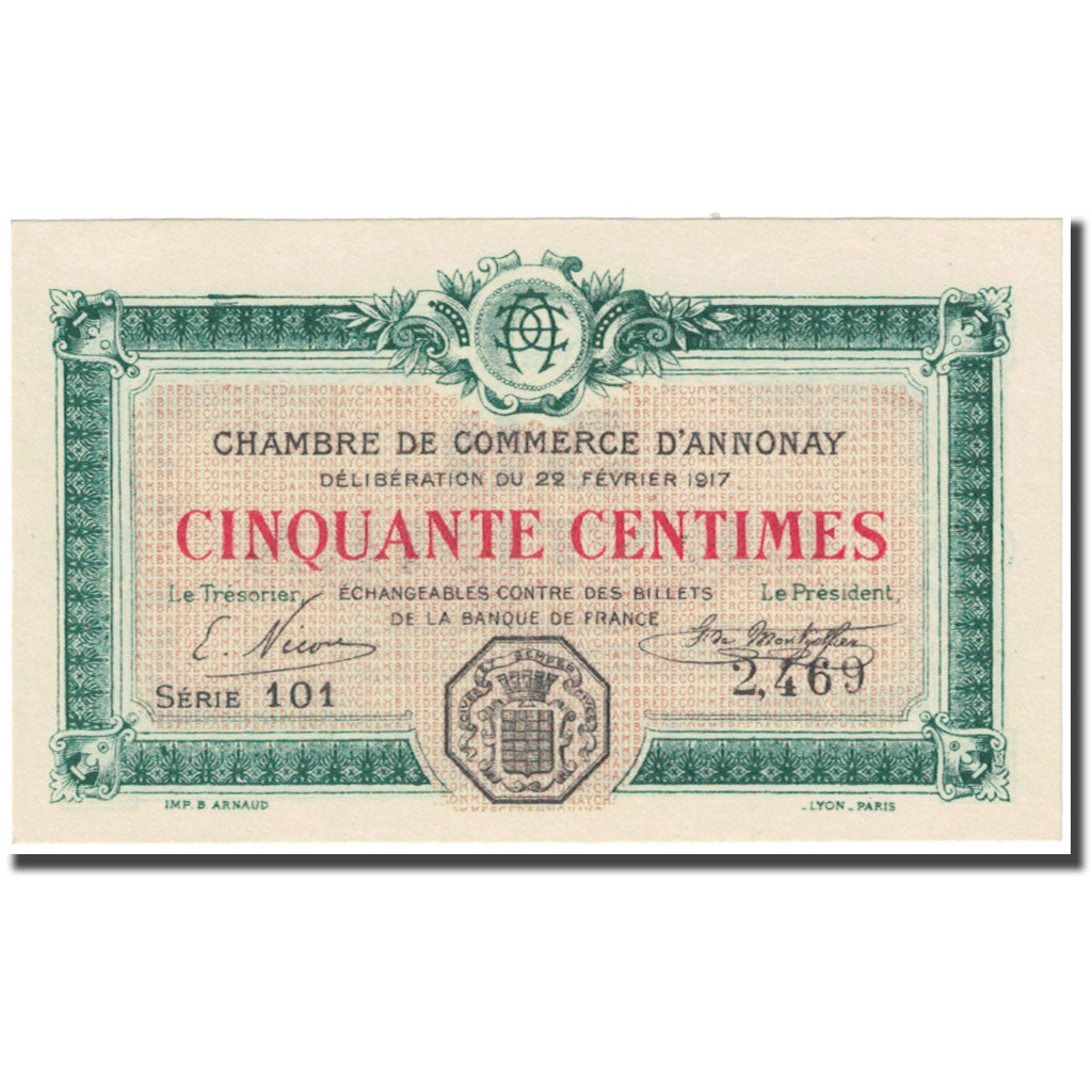 France, Annonay, 50 Centimes, 1917, Chambre de Commerce, UNC(65-70), Pirot:11-9