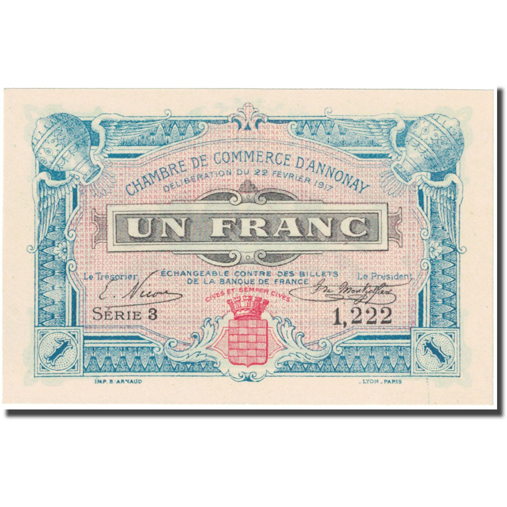 France, Annonay, 1 Franc, 1917, Chambre de Commerce, UNC(65-70), Pirot:11-12