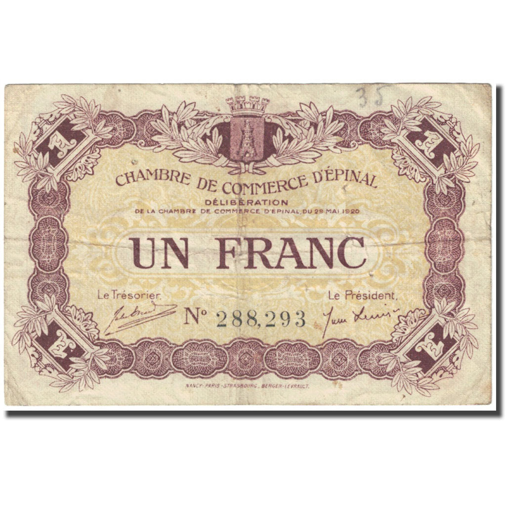 France, Epinal, 1 Franc, 1920, Chambre de Commerce, VF(20-25), Pirot:56-5