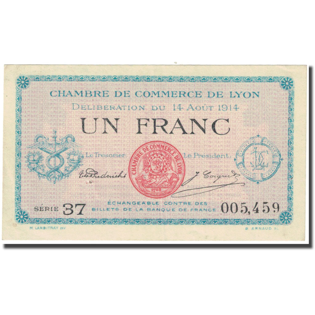França, Lyon, 1 Franc, 1914, Chambre de Commerce, EF(40-45), Pirot:77-1