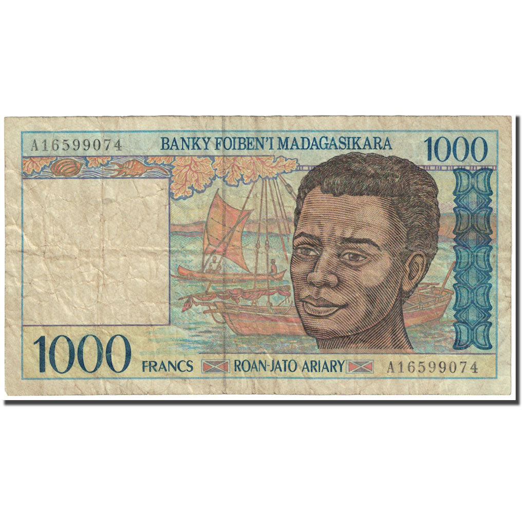 Banknote, Madagascar, 1000 Francs = 200 Ariary, Undated (1994), KM:76a, VG(8-10)