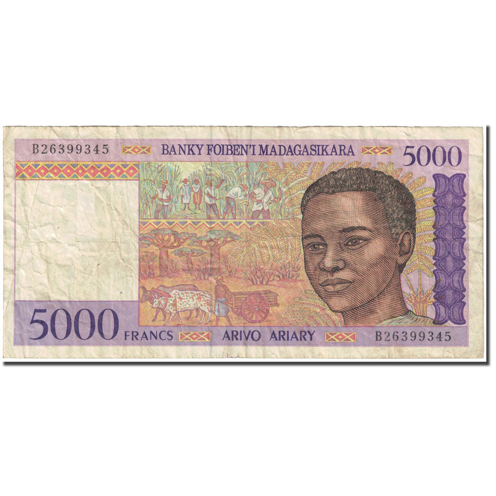 Banknot, Madagascar, 5000 Francs = 1000 Ariary, Undated (1995), KM:78b, VG(8-10)