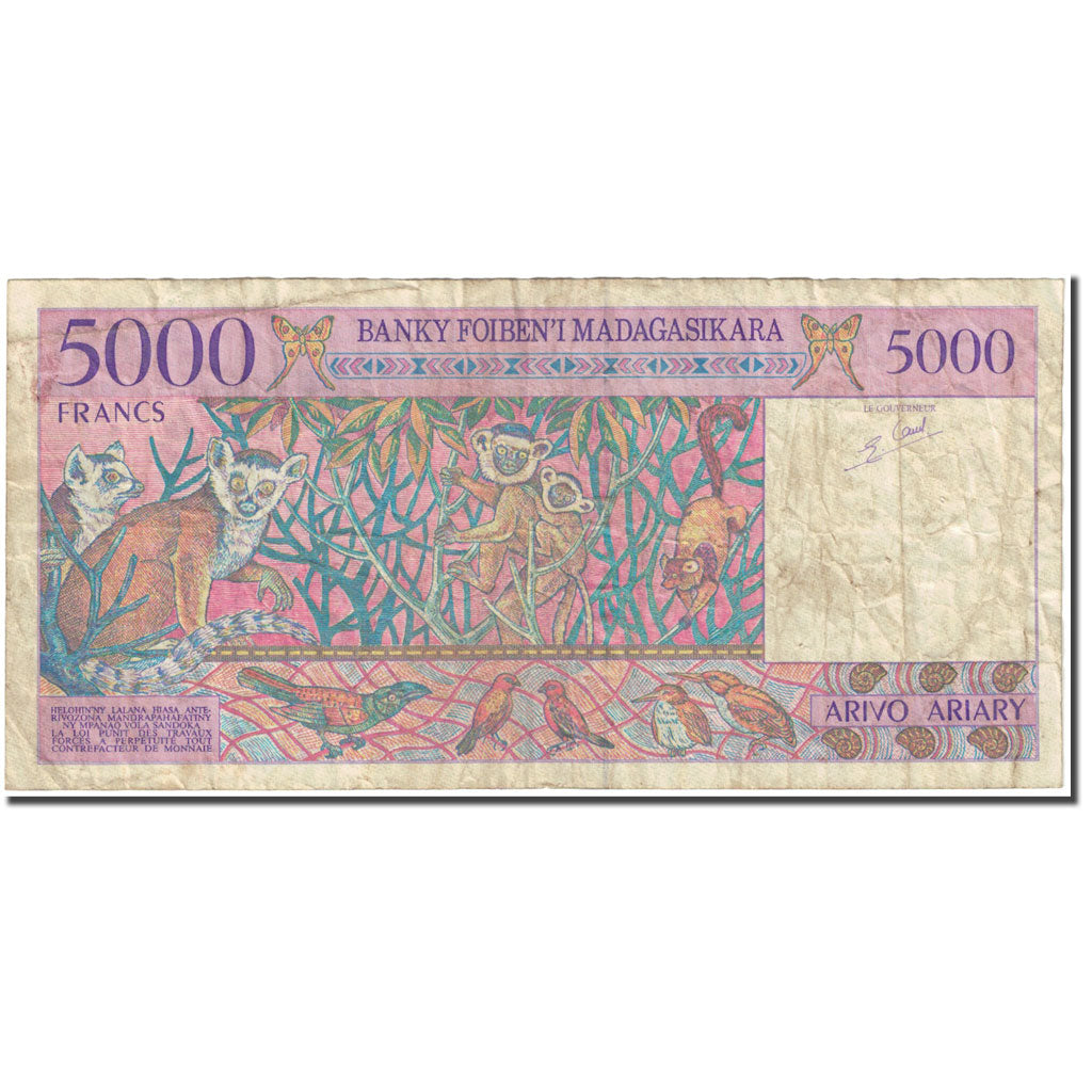 Banknot, Madagascar, 5000 Francs = 1000 Ariary, Undated (1995), KM:78b, VG(8-10)