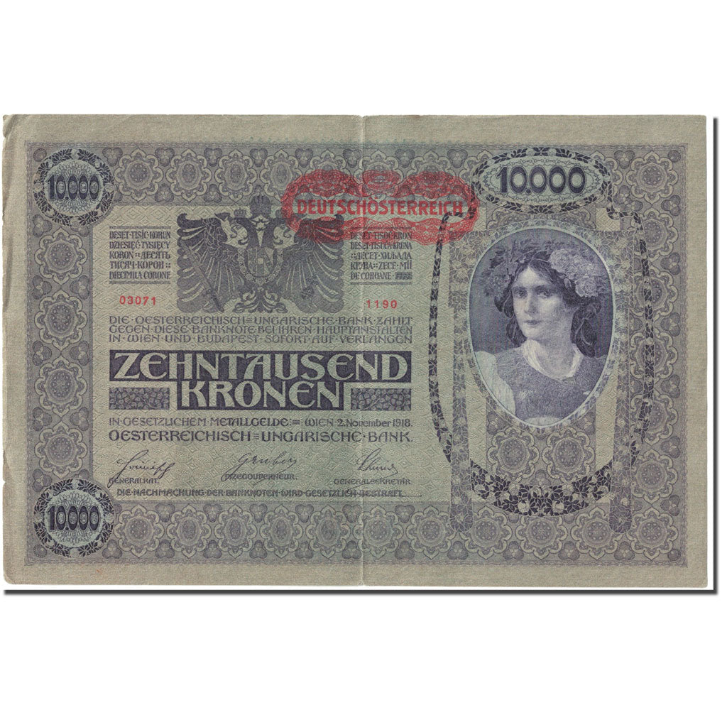 Banknote, Austria, 10,000 Kronen, 1918, 1918-11-02, KM:65, VF(20-25)