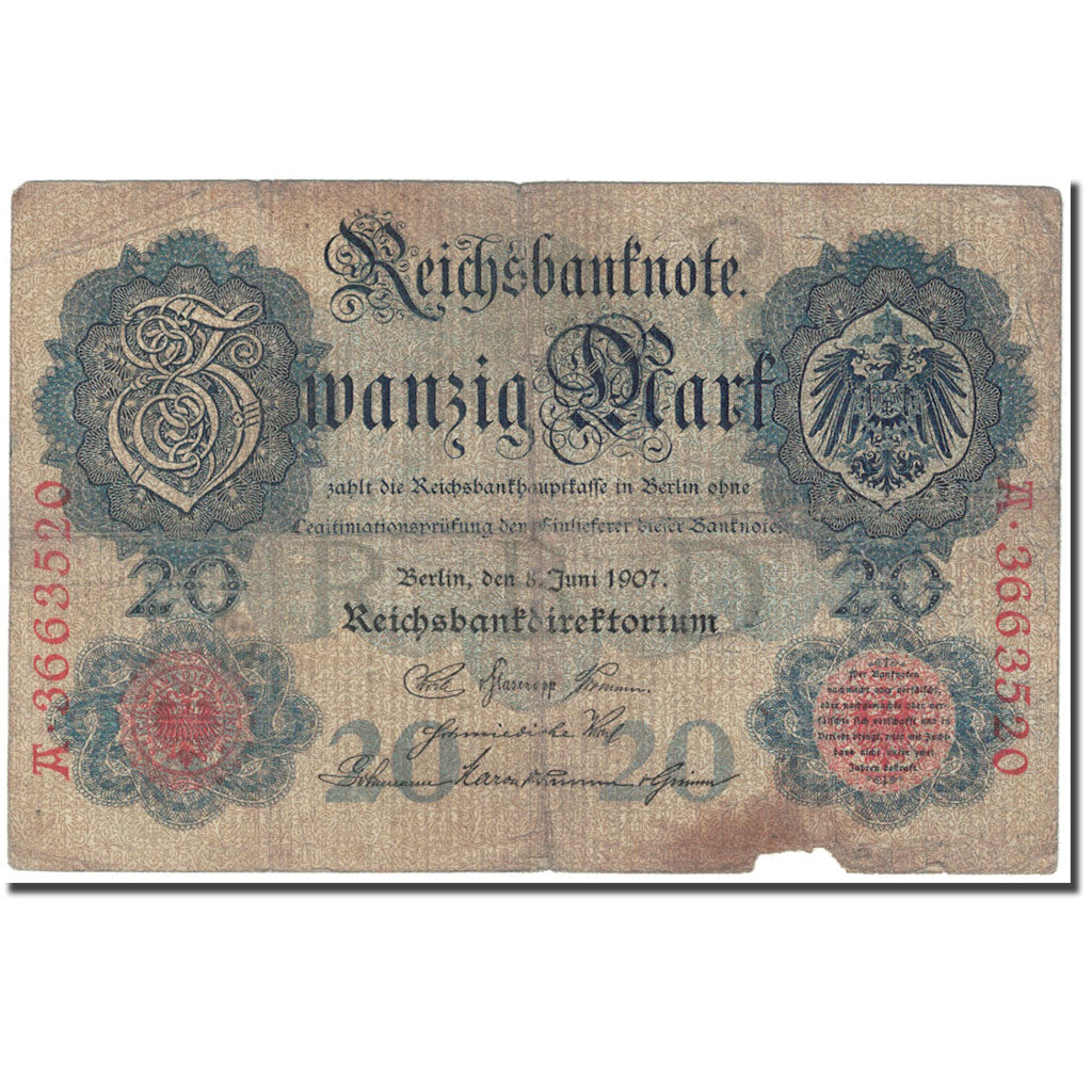 Banknote, Germany, 20 Mark, 1907, 1907-06-08, KM:28, VG(8-10)