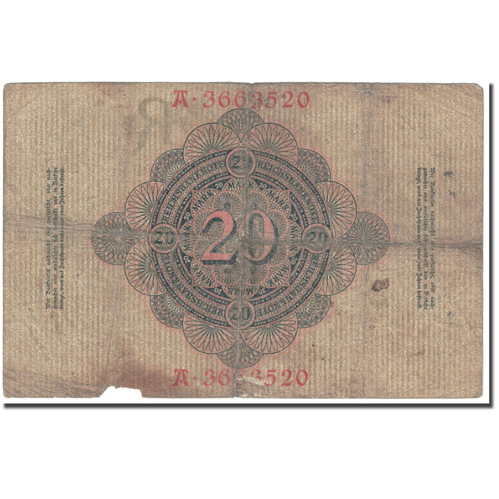 Banknote, Germany, 20 Mark, 1907, 1907-06-08, KM:28, VG(8-10)