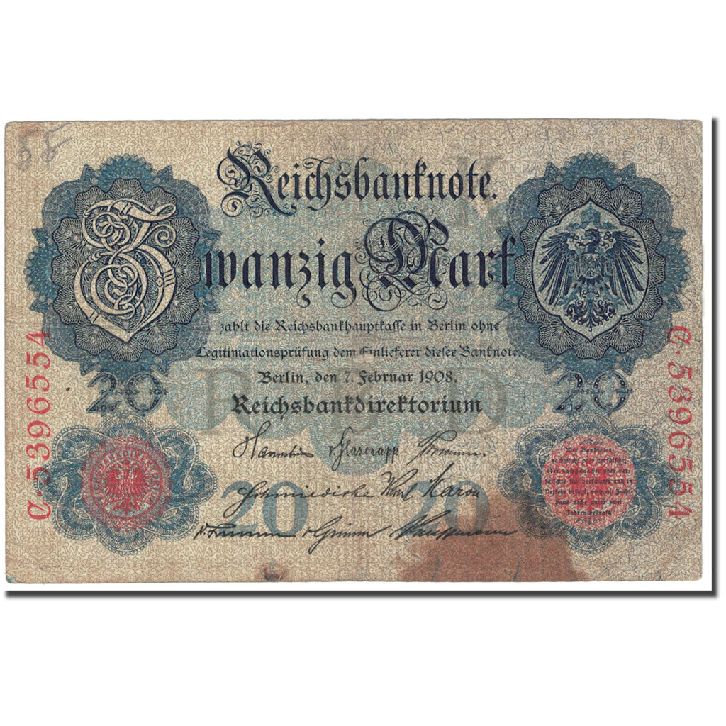 Banknote, Germany, 20 Mark, 1908, 1908-02-07, KM:31, VG(8-10)