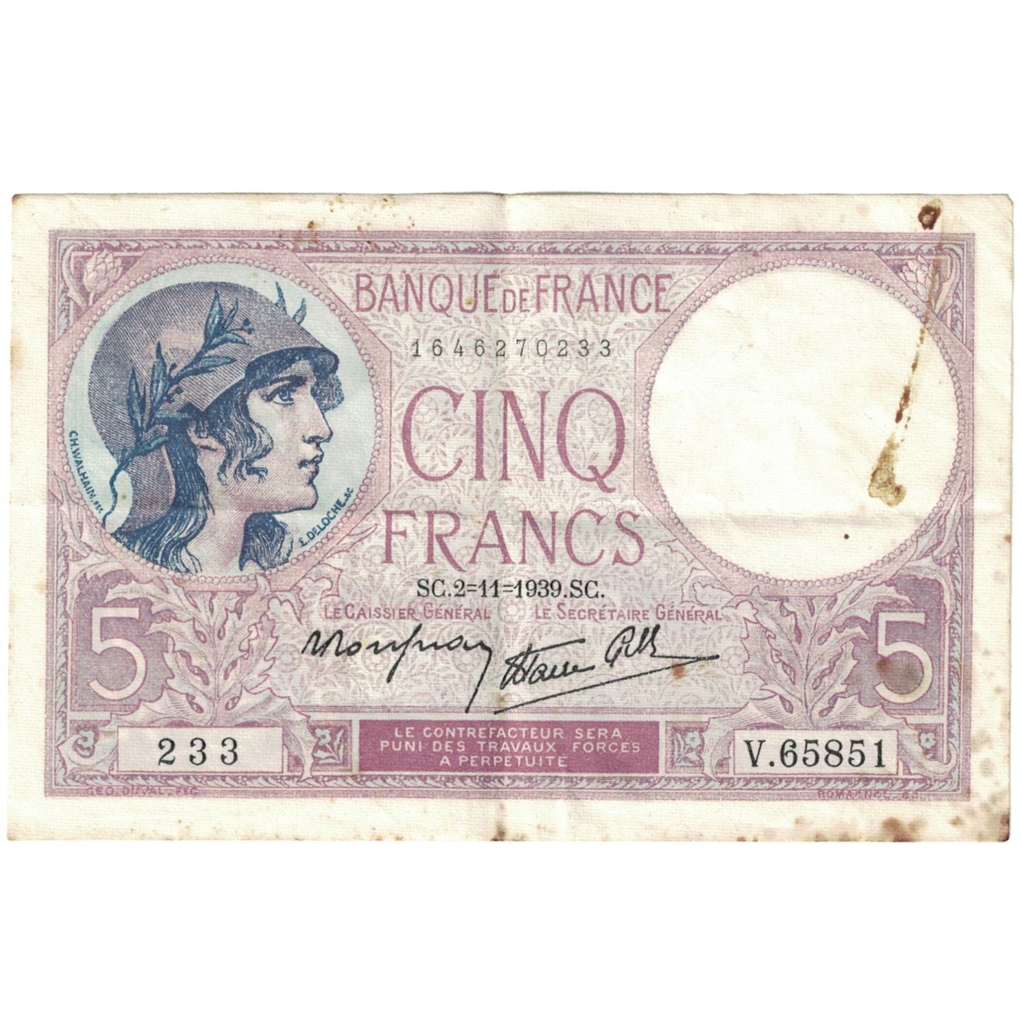 Francia, 5 Francs, 1939, 1939-11-02, MB, Fayette:4.14, KM:83