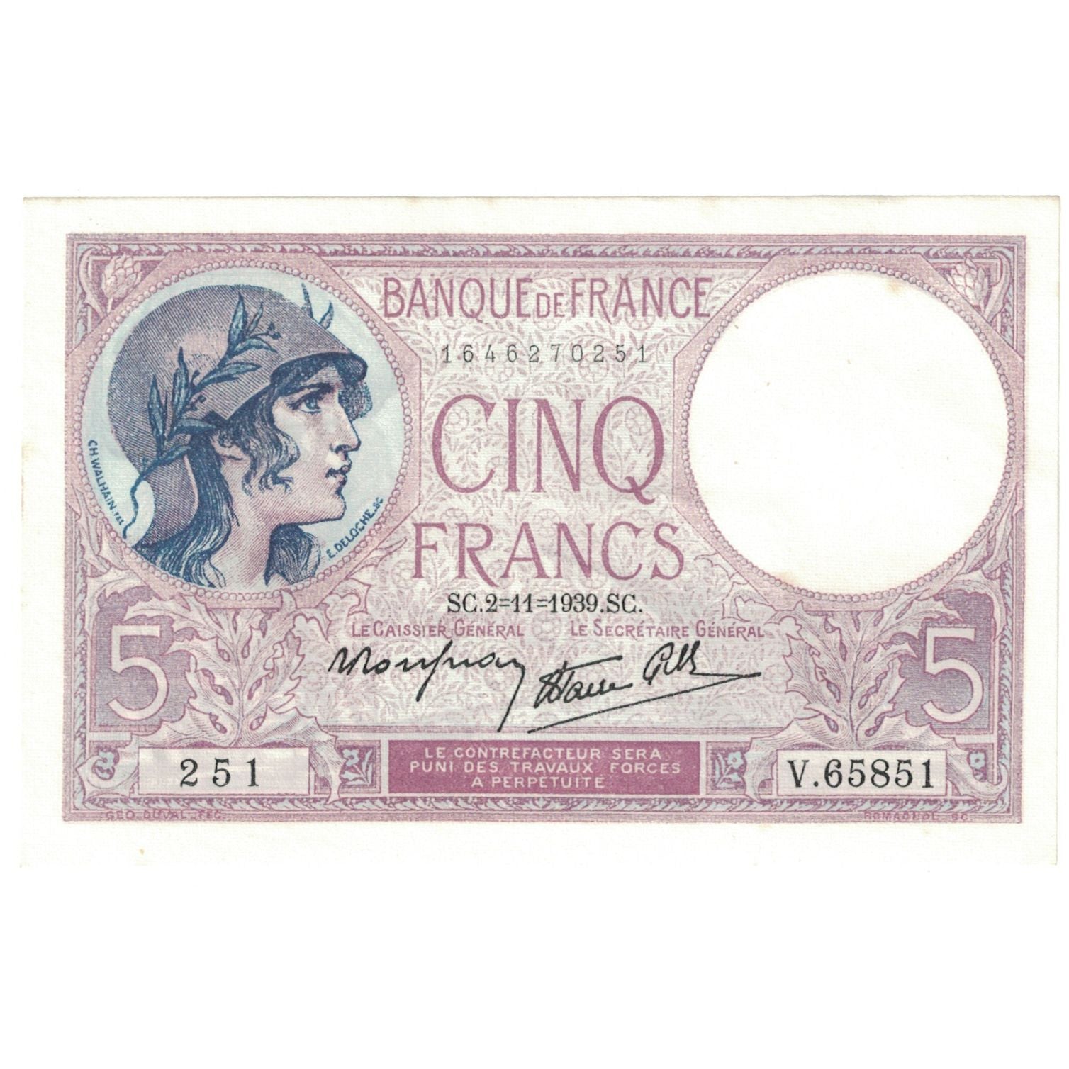 França, 5 Francs, 1939, 1939-11-02, UNC(63), Fayette:4.14, KM:83